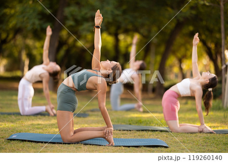 Body stretching and meditation during group yoga classes for young girls in summer park 119260140