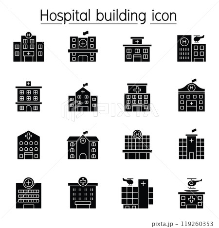 Hospital building, Medical center icon set in glyph style Hospital building, Medical center icon set in glyph style 119260353