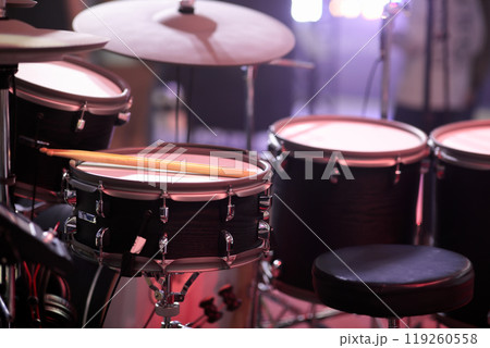 electronic drum kit with cymbals on stage electronic drum kit with cymbals on stage 119260558