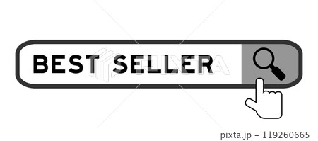 Search banner in word best seller with hand over magnifier icon on white background 119260665