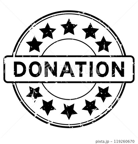 Grunge black donation word with star icon round rubber seal stamp on white background 119260670