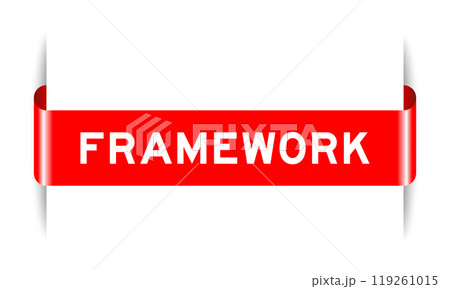Red color inserted label banner with word framework on white background 119261015