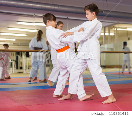 Teenager boys practicing new karate moves Teenager boys practicing new karate moves 119261411