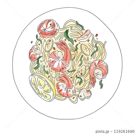 お皿に盛りつけられた海老のオイルパスタ お皿に盛りつけられた海老のオイルパスタ 119261680