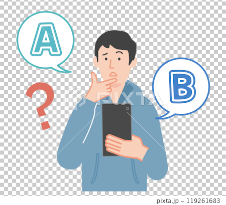 一名男子拿著智慧型手機,無法在兩個選項之間做出選擇的插圖 一名男子拿著智慧型手機,無法在兩個選項之間做出選擇的插圖 119261683