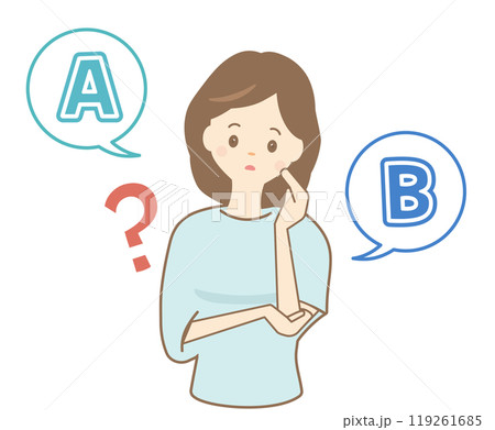スマートフォンを持って2つの案で選択に悩む女性のイラスト 119261685