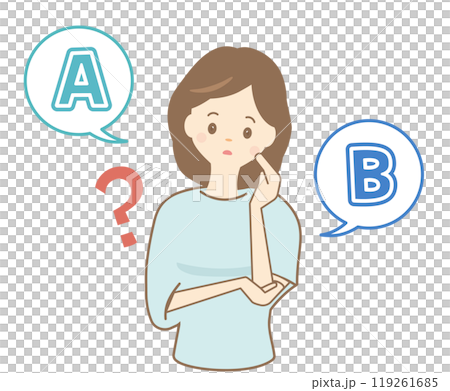 スマートフォンを持って2つの案で選択に悩む女性のイラスト 119261685