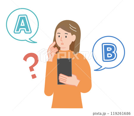スマートフォンを持って2つの案で選択に悩む女性のイラスト 119261686