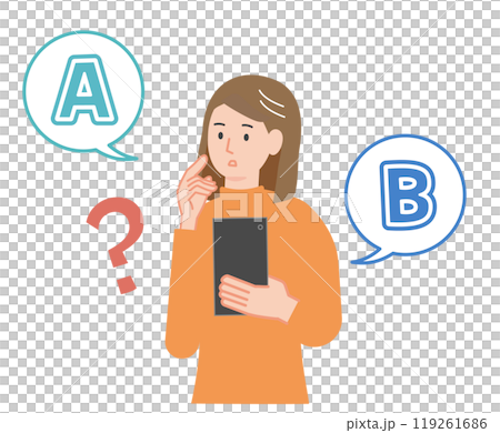 Illustration of a woman holding a smartphone and struggling to choose between two options 119261686