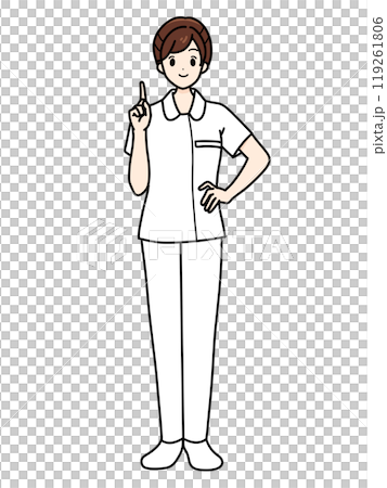 Female nurse standing in front, pants style, pointing Female nurse standing in front, pants style, pointing 119261806