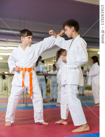 Kids sparring during karate training 119261915