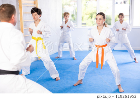 Children students repeat position and perform sequence of punches and painful techniques kata 119261952