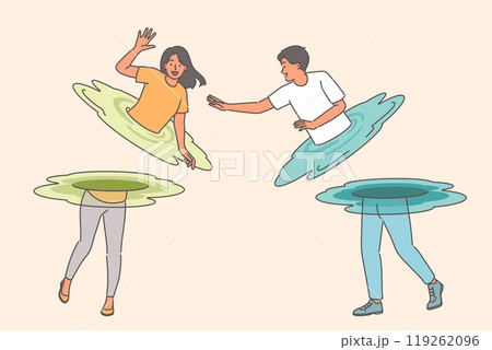 Man and woman teleport to move in space, and instantly appear at new destination 119262096