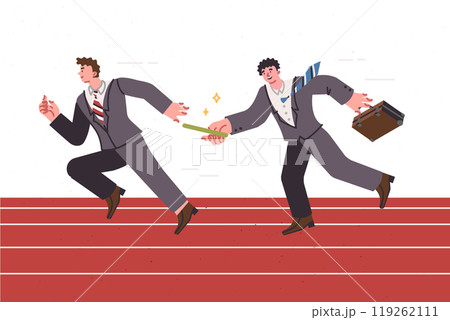 Business man passes baton to colleague, demonstrating good teamwork and complete trust Business man passes baton to colleague, demonstrating good teamwork and complete trust 119262111