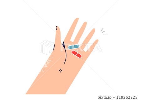 Hand with two pills to fight headache or vitamins to improve immunity after illness Hand with two pills to fight headache or vitamins to improve immunity after illness 119262225