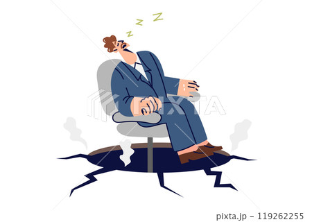 Lazy business man demonstrating inefficiency due to lack of motivation, sitting in chair over abyss 119262255