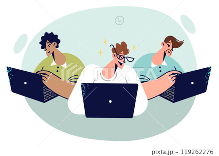 Group business people are using laptops, working on complex program, participating in team hackathon Group business people are using laptops, working on complex program, participating in team hackathon 119262276