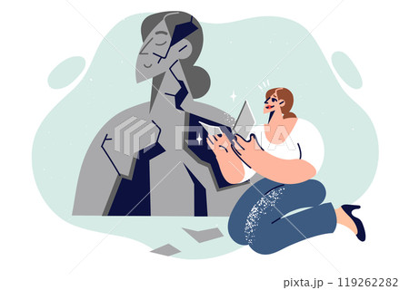 Process of restoring mental health in woman who assembles own portrait from broken pieces 119262282