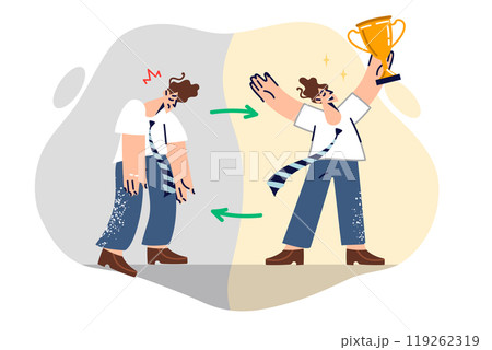 Psychological swings in business man who suddenly turns into winner with cup from loser 119262319