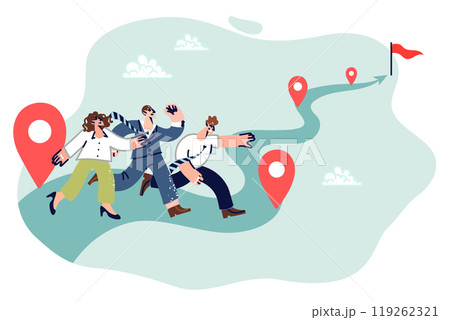 Running business people compete in speed of completing task, and compete towards flag at end of path 119262321