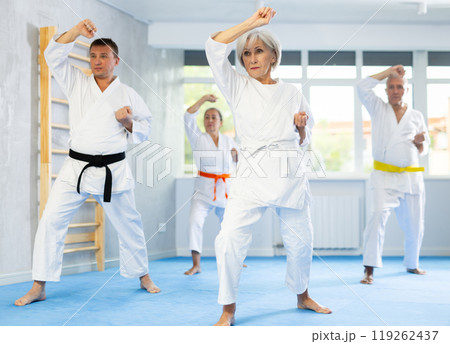 Elderly women and men in kimonos stand in a fighting stance during group karate training session 119262437