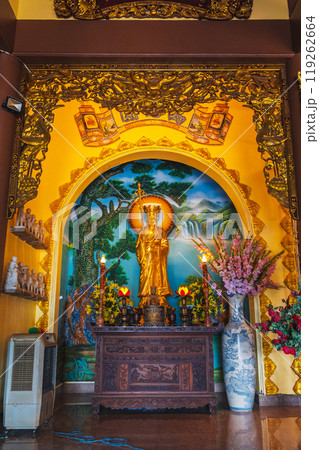 Interior of Buddhist temple in Asia in Vietnam in Da Nang at Linh Ung Pagoda 119262664