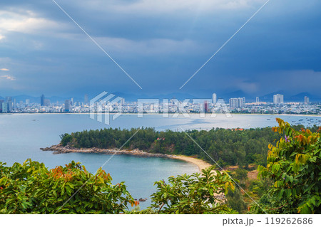 panoramic view of city of Da Nang in Vietnam in autumn during rainy season from above from the top 119262686