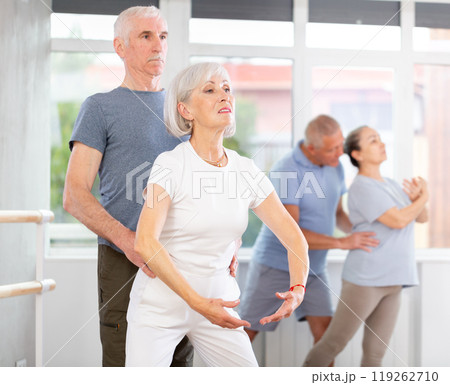 Elderly couples learning to dance ballet in dance studio Elderly couples learning to dance ballet in dance studio 119262710
