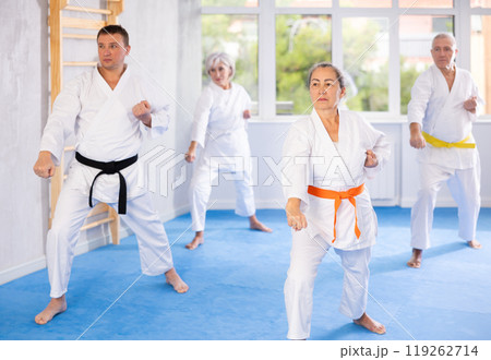 Senior students perform basic movements and repeat to hold pose, learning technique of kata 119262714