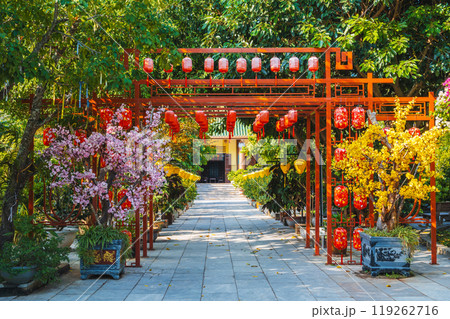gate decorated with Chinese lanterns to a park with trees in a garden on Buddhist pagoda in Asia in Vietnam 119262716