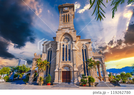 Facade of Nha Trang Stone Church or Christ the King Cathedral in Vietnam at sunset Facade of Nha Trang Stone Church or Christ the King Cathedral in Vietnam at sunset 119262780