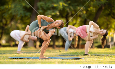 Group of young women doing yoga in park 119263013