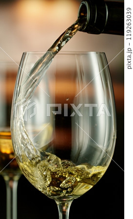 Close-up of white wine pouring into glass , freeze motion. Close-up of white wine pouring into glass , freeze motion. 119263039