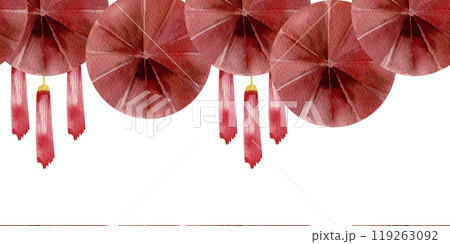 Rad paper round decorations seamless banner for Chinese lunar calendar new year celebration. Koran and asian winter festive interior, poster decor. Stickers for wall, window design, greeting card. Rad paper round decorations seamless banner for Chinese lunar calendar new year celebration. Koran and asian winter festive interior, poster decor. Stickers for wall, window design, greeting card. 119263092