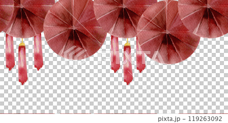 Rad paper round decorations seamless banner for Chinese lunar calendar new year celebration. Koran and asian winter festive interior, poster decor. Stickers for wall, window design, greeting card. Rad paper round decorations seamless banner for Chinese lunar calendar new year celebration. Koran and asian winter festive interior, poster decor. Stickers for wall, window design, greeting card. 119263092