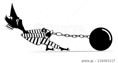 Prisoner with an iron ball chained to his foot.  Cartoon prisoner drags an iron ball chained to his foot. Black and white illustration 119263117