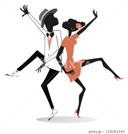 Romantic dancing young African couple.  Funny dancing young African man and woman. Isolated on white background 119263343