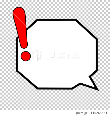 A hexagonal speech bubble with a solid red exclamation mark on the right A hexagonal speech bubble with a solid red exclamation mark on the right 119263351