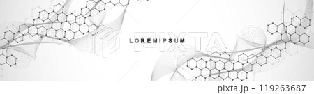 Modern scientific background with hexagons, lines and dots. Wave flow abstract background. Molecular structure for medical, technology, chemistry, science. Vector illustration 119263687