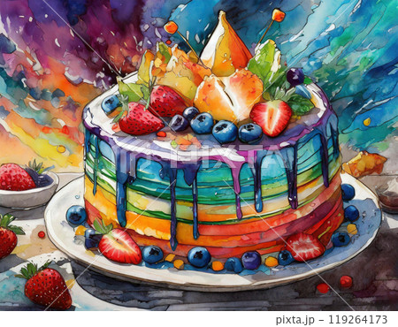 いちごとブルーベリーが乗った、カラフルなホールケーキ 119264173