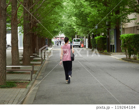 秋の早稲田大学校内の道で歩く一人の女性学生の姿 119264184