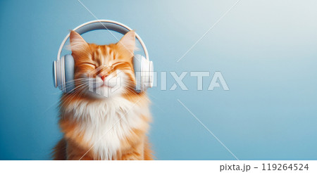 A red cat wearing wireless headphones sits on a blue background. 119264524