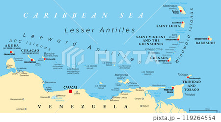 Hurricane free Caribbean islands, political map. The Leeward Antilles and Windward Islands are safest from Hurricanes. Aruba, Barbados, Bonaire, Curacao, Grenada, The Grenadines, Trinidad and Tobago. 119264554