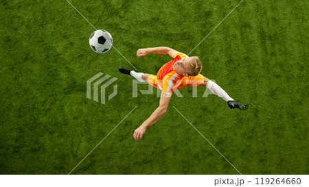 Young football athlete posing exudes readiness to control next move in this competitive football match on green grass of football field. Aerial view. Young football athlete posing exudes readiness to control next move in this competitive football match on green grass of football field. Aerial view. 119264660