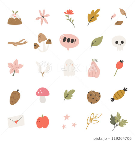 Hand Drawn Autumn Icons. Cozy Fall Leaves, Mushrooms, Berries and Nature Elements 119264706
