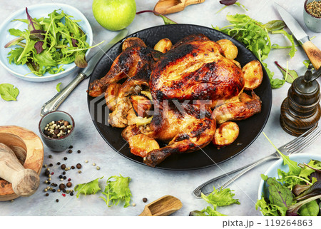 Whole baked chicken. 119264863