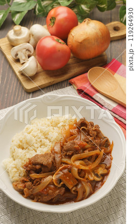 ハヤシライスと食材(トマト・マッシュルーム・玉ねぎ) ハヤシライスと食材(トマト・マッシュルーム・玉ねぎ) 119264930