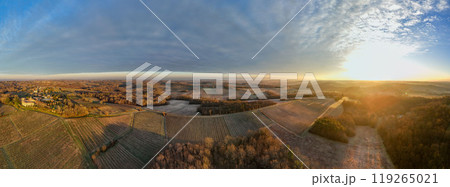 Aerial view of Bordeaux vineyard in winter at sunrise, Rions, Gironde, France Aerial view of Bordeaux vineyard in winter at sunrise, Rions, Gironde, France 119265021