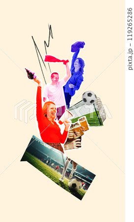 Happy and excited girl, sport fans celebrating winning soccer game of favourite team. Supporters with beer. Contemporary art collage. 119265286