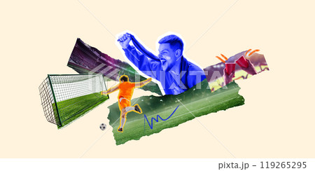Emotional young man in blue tones shouting, cheering up favorite team, while soccer player in orange uniform scoring goal. Contemporary art collage. 119265295
